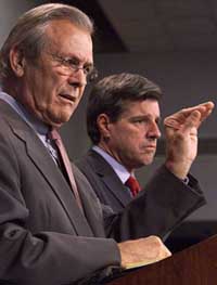 US Defense Secretary Donald Rumsfeld talks to the Press 