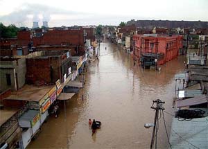 A view of Bathinda city, where the roads have been converted into streams, after two hours of heavy rain