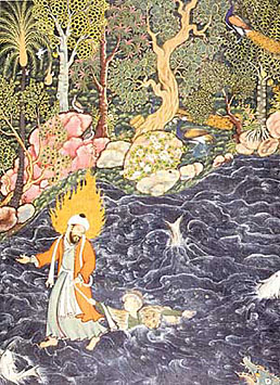 Prophet Elias rescues Prince Nur-ud-Dahr. Folio from Hamzanama. Early Mughal period 