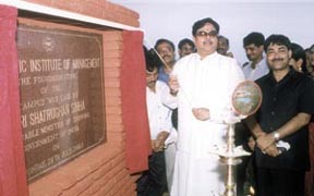 The Minister of Shipping, Mr Shatrughan Sinha, laying the foundation stone of the AIM's permanent campus in Jasola.