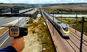 A Eurostar train is seen during a high speed record attempt as it passes near Rochester
