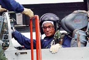 Defence Minister George Fernandes in  the cockpit of a MIG-21.
