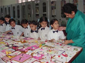 Primary section students of Guru Nanak International Public School, Model Town, exhibit the rakhis made by them during a competition held in Ludhiana