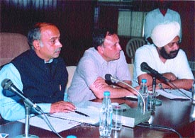 Minister of State for Youth Affairs and Sports Vijay Goel addressing a meeting of the Commonwealth Bid Committee in the presence of Indian Olympic Association secretary-general Randhir Singh and Sports Authority of India director-general Shekhar Dutt