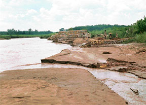 Tangri river, a tributary of the Ghaggar, is in spate. Sand bags have been stacked by the Drainage Department on its banks to prevent floods in Jodhpur village, 45 km from Dera Bassi