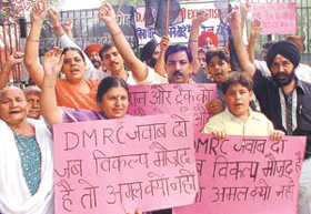 Residents affected by the Metro Rail project demonstrating at Jantar Mantar in the Capital on Tuesday.