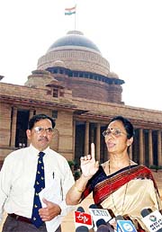Mrs Kavita and Capt Anil Gadgil, parents of a MiG-21 pilot, the late Abhijit Gadgil, and founder members of the Abhijit Air Safety Foundation, talk to mediapersons outside Rashtrapati Bhavan