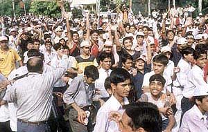 Children throng the starting point for the Rashtriya Swabhiman Race held on Saturday to mark the August Kranti Divas.