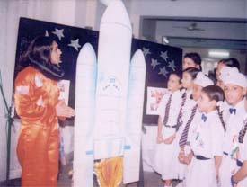 A student from Guru Nanak International Public School dressed as Kalpana Chawla at a science exhibition organised to mark Independence Day celebrations