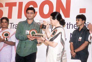 Congress president Sonia Gandhi being felicitated by NSUI president Ashok Tanwar at the camp.