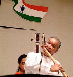 Flautist Hari Prasad Chaurasia performs at the "Music for Harmony Flights of Freedom" concert, organised to mark the 57th Independence Day in Mumbai