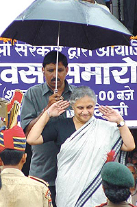 Delhi Chief Minister Sheila Dikshit during the Independence Day parade at Chhatrasal Stadium in the Capital on Friday.