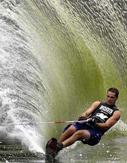 Water skier Arturo Rueda from Mexico competes during men's slalom event