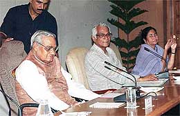 Prime Minister Atal Bihari Vajpayee, Defence Minister George Fernandes and Trinamool leader Mamata Banerjee at the NDA meeting