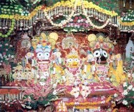 Rare wood idols of Lord Krishna, Balram and Subhadra at the ISKCON temple
