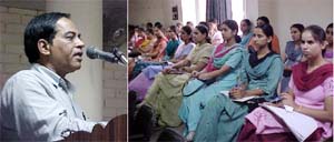 Dr Satish Kumar Verma addresses students at a seminar held at Punjabi Bhavan