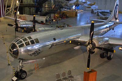 Enola Gay, the aircraft that dropped the atomic bomb on Hiroshima is shown to mediapersons at the Smithsonian's Air and Space Museum