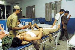 Constable Khelel, who was injured during an encounter with militants at Mahore on Monday night, is taken to hospital in Jammu