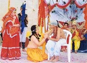 Students of Greenland Senior Secondary School enact the scene of Sudamas visit to his friend Lord Krishna