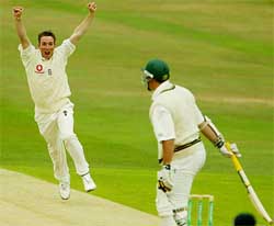 England fast bowler James Kirtley celebrates the dismissal of South African captain Graeme Smith 