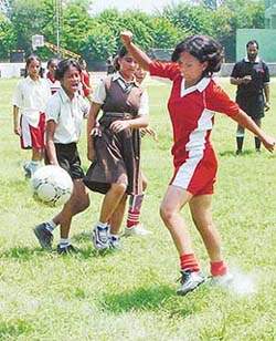 Eves of St. Soldiers School, Sector 28 and Shishu Niketan School, Sector 22 vie with each other in the first Sub-Junior Girls Football match played at Shivalik Public School, Sector 41, Chandigarh