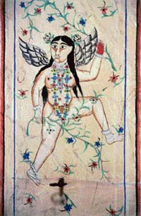 A painting adorning the ceiling of a haveli in Barwa village