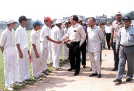 Players being introduced to the chief guest before the start of the Ramjas School Cricket Tournament