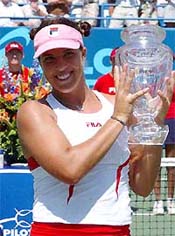 Jennifer Capriati shows her trophy after winning the Pilot Pen Tennis tournament 