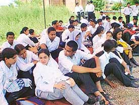 Students of the Dr Ambedkar Institute of Hotel Management, Sector 42, stage a protest in front of the college