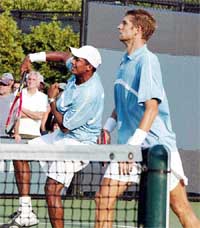 Mahesh Bhupathi and Max Mirnyi in action against Dominik Hrbaty and Andre Sa 