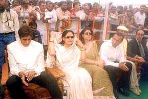 Mega star Amitabh Bachchan and his wife Jaya, industrialist Anil Ambani and his wife Tina Ambani at the swearing in ceremony of SP chief Mulayam Singh Yadav 