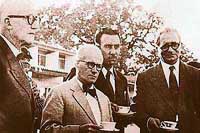 (From left to right) Le Corbusier with P. Jeanneret, M.N. Sharma and P.L. Varma