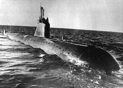An undated photo of a Russian 1960s era November class nuclear attack submarine