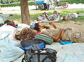 Farmers from Punjab relaxing under the shade of trees in and around the Sector 16 Zakir Rose Garden in Chandigarh 