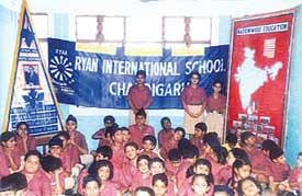 Students participate in the Founders Day celebrations at Ryan International School, Sector 49, in Chandigarh on Monday.