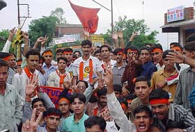 ABVP supporters celebrate after election results were declared on Hamirpur College campus 