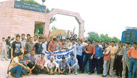 Students on strike outside DAV Public College, Phillaur