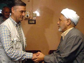 The leader of the European delegation and Ambassador of Italy to India Benejetto Amari meets Hurriyat Chairman Abass Ansari at the APHC headquarters in Srinagar 
