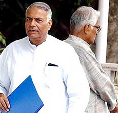 External Affairs Minister Yashwant Sinha and Defence Minister George Fernandes outside the Prime Ministers residence