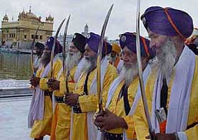 Panj pyaras participate in the 4th Chetna march from Harmandar Sahib, Amritsar, to Gurdwara Sees Ganj Sahib, Delhi