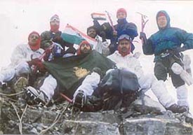 Members of an ITBP mountaineering expedition after scaling the 6264-m high Chou-Chou Kang Nilda peak in Himachal Pradesh