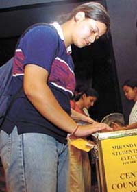 Students of Miranda House casting their vote in the DUSU election in the Capital