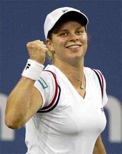 Kim Clijsters of Belgium celebrates her win over Lindsay Davenport 