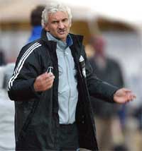 German soccer team coach Rudi Voeller gestures during their Euro 2004 qualifying match against Iceland 
