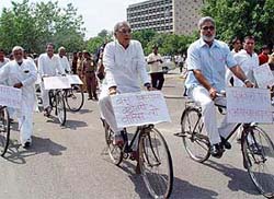 Opposition leader Bhupinder Singh Hooda leads Congress MLAs to Vidhan Sabha on bicycles to protest the hike in bus fares