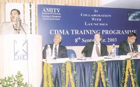 Mr Rajiv Burman, CEO, Tata Teleservices Ltd, Lt-General P. D. Bhargava, DG, AITTM, Mr Thomas Erickson, Senior Director, Qualcomm Inc and Dr Ashok K. Chauhan, Founder President, RBEF, at the CDMA training programme