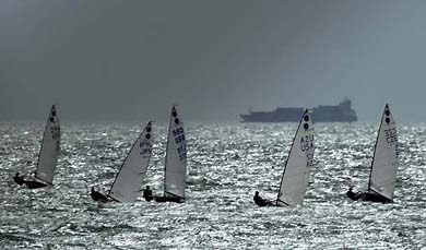 Fleet of Europe class sail during the qualification day for the Sailing World championships in Puerto Santa Maria