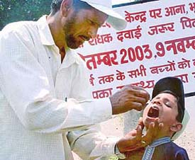 Polio drops being administered to a child, during the sub-national round of the Pulse Polio immunisation campaign in Panchkula on Sunday.