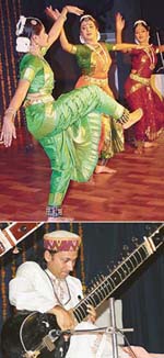 Disciples of bharatnatyam guru Saroja Vaidyanathan use pure dance to pay tributes to the cosmic dancer, Lord Shiva (top), while famous musician of Punjab gharana, Manu Seen, strikes a melodious chord on his sitar (bottom). 