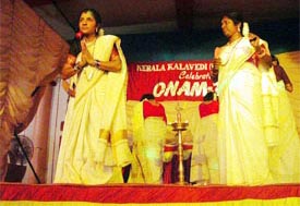 Members of the Kerala Kalavedi present a cultural programme during the Onam celebrations at Jamalpur